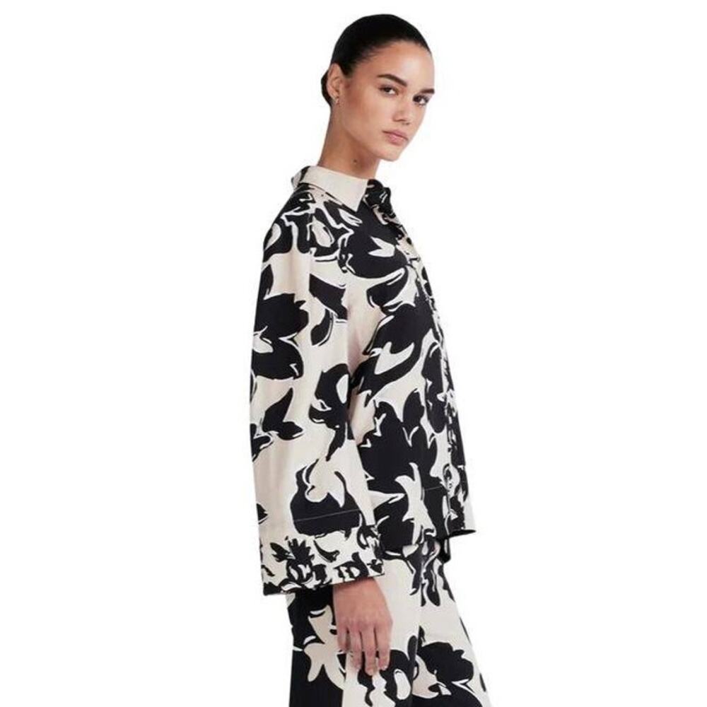 Derek Lam Black Ivory Abstract Print Tencel Button Down Blouse US M Resort Chic - Picture 4 of 6